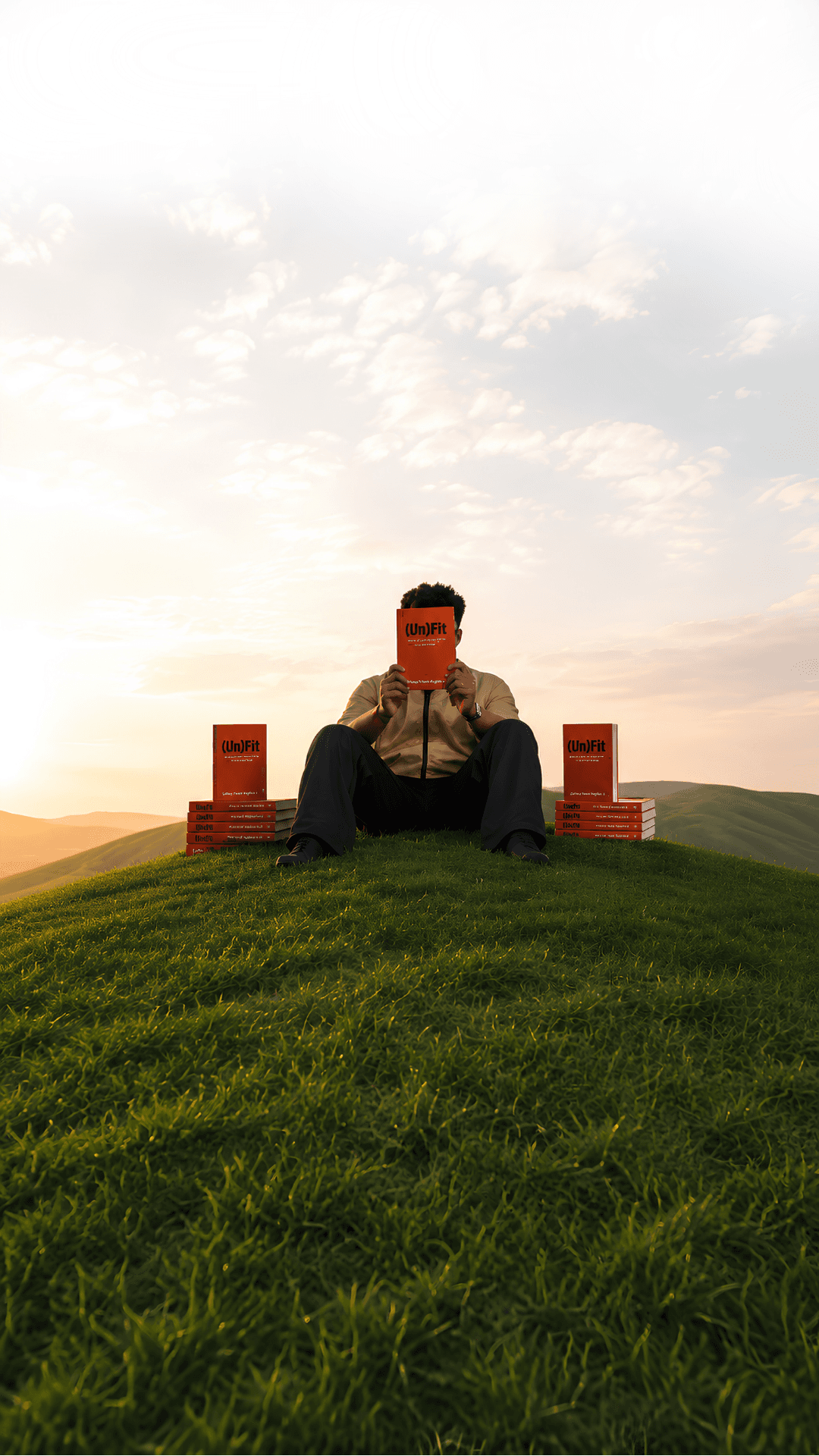 Jeffrey sitting on grass holding his book (un)Fit